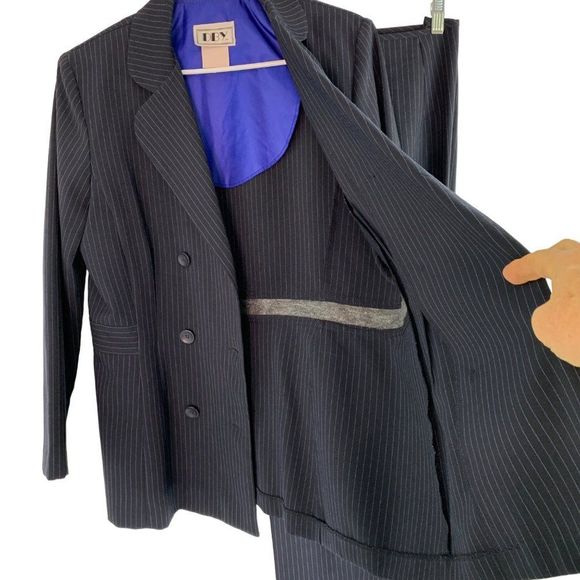 80s DBY ltd Womens VTG Navy Pin Stripe Pant Suit Sz 13/14 Double Breast 6275 - Picture 7 of 8
